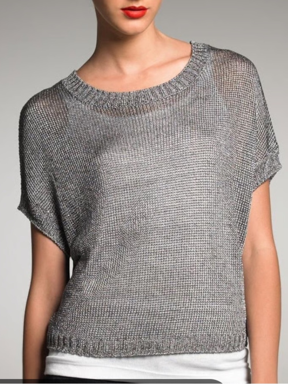 Vince Silver Metallic Knit Boatneck Top  Dolman Short Sleeve Sz Med